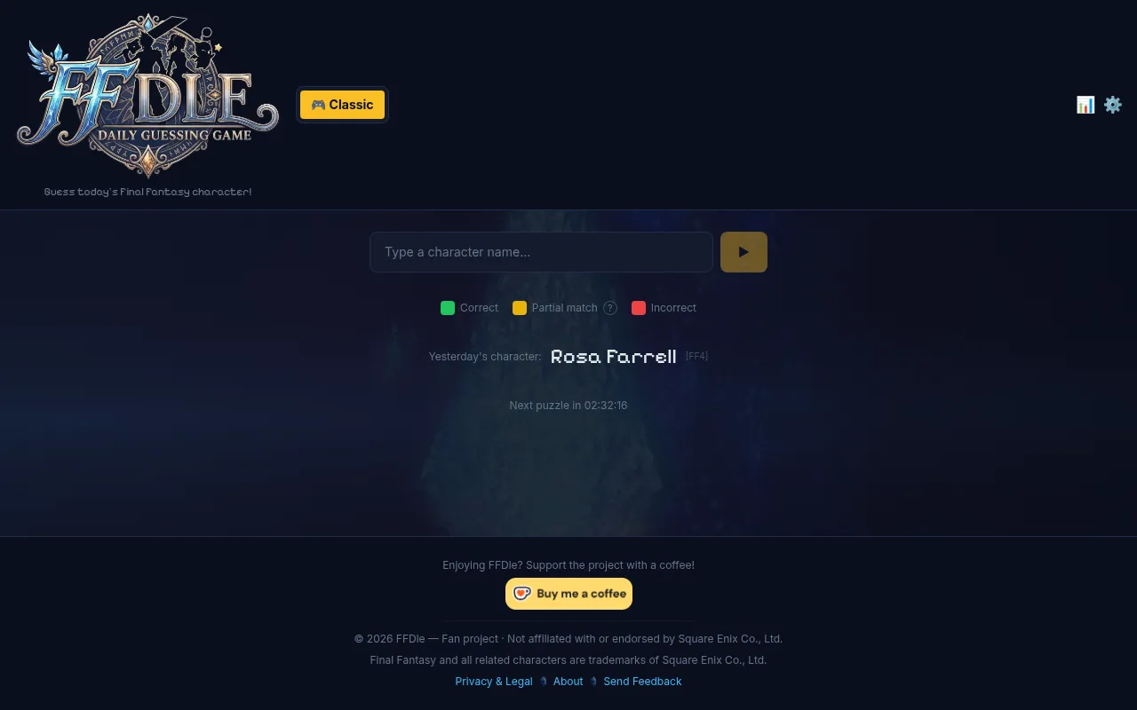 FFDle: the ornate FFDLE Daily Guessing Game logo, a box to type a character name, the colour key, yesterday's character Rosa Farrell from FF4 and a countdown to the next puzzle