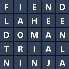 FFXIVrdle share art: a five by five grid of tiles spelling FIEND, LAHEE, DOMAN, TRIAL and NINJA