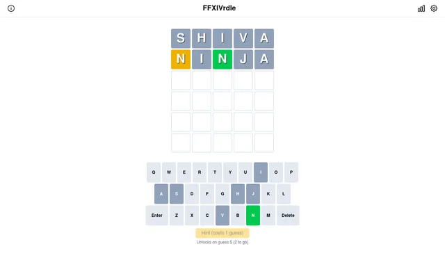 FFXIVrdle on 21 October 2026 after two guesses, SHIVA all grey and NINJA with a yellow N and a green N, above the on-screen keyboard and the locked hint button