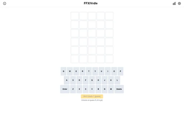 FFXIVrdle's empty board: six rows of five tiles, the on-screen keyboard and the hint button that unlocks on guess 5