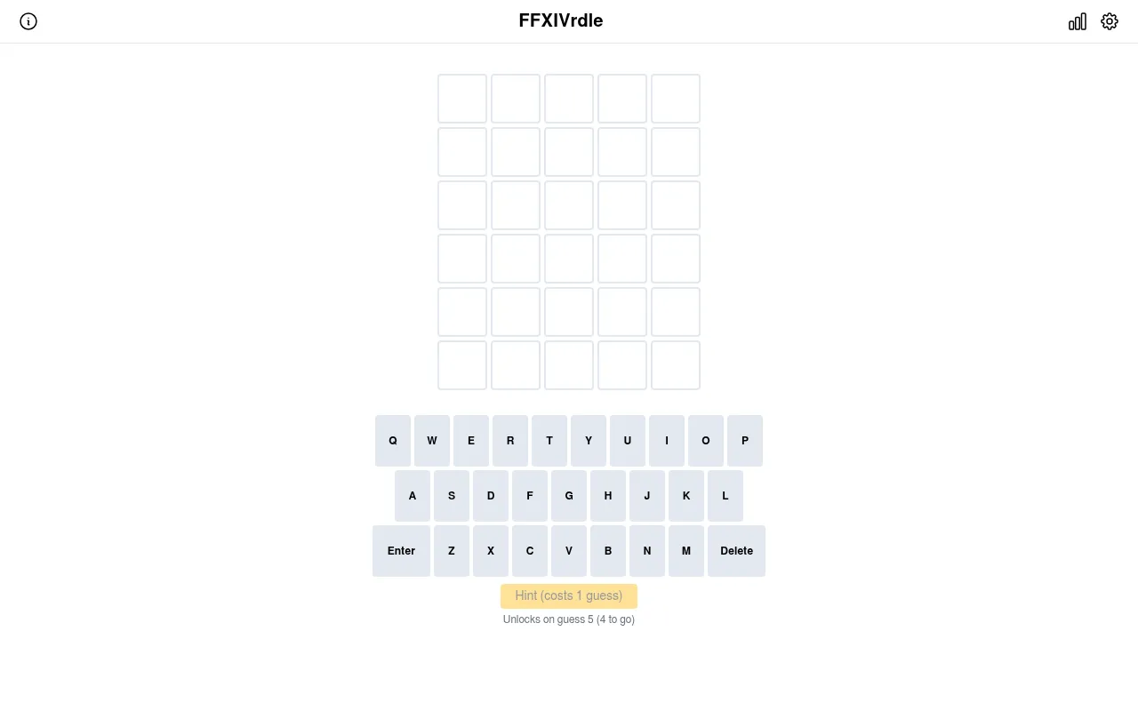 FFXIVrdle's empty board: six rows of five tiles, the on-screen keyboard and the hint button that unlocks on guess 5