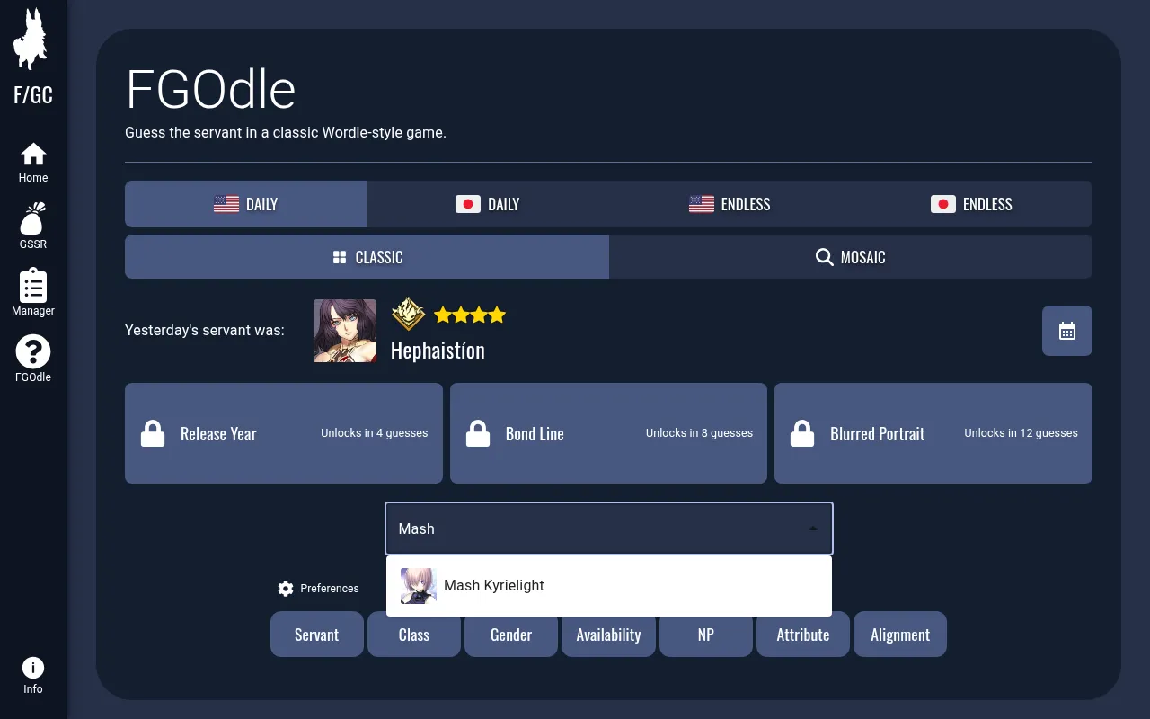 FGOdle's daily page at the start: NA and JP Daily and Endless tabs, Classic and Mosaic modes, yesterday's servant Hephaistion and the three locked hints