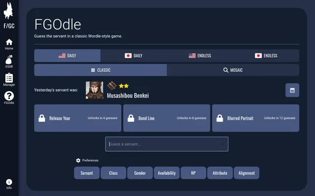 FGOdle's daily Classic mode: tabs for the English and Japanese daily, yesterday's servant Musashibou Benkei, locked hints and the servant guess box