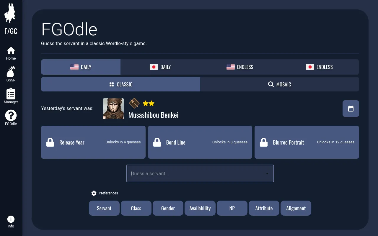 FGOdle's daily Classic mode: tabs for the English and Japanese daily, yesterday's servant Musashibou Benkei, locked hints and the servant guess box