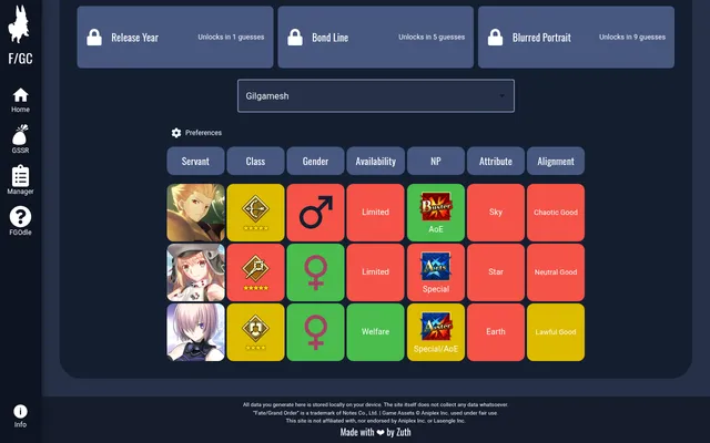 FGOdle's NA daily Classic board with three servant guesses, Gilgamesh, a Caster and Mash, each with green, yellow and red tiles for class, gender, availability, NP, attribute and alignment
