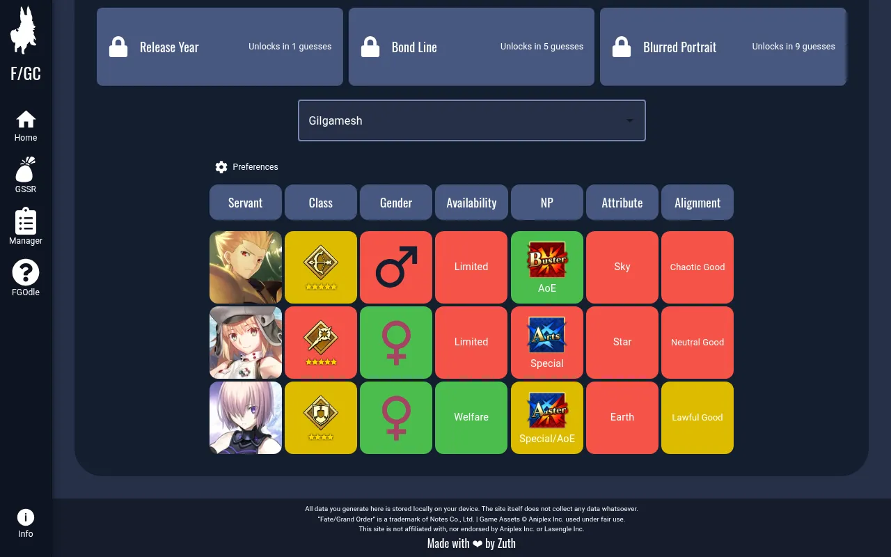 FGOdle's NA daily Classic board with three servant guesses, Gilgamesh, a Caster and Mash, each with green, yellow and red tiles for class, gender, availability, NP, attribute and alignment