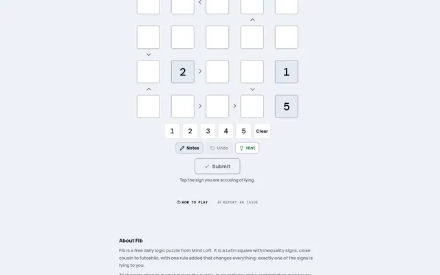 Fib board on mindloftdaily.com: a 5x5 grid with greater-than signs between squares and the digits 2, 1 and 5 printed, a 1 to 5 number pad, Notes, Hint and Submit, and the line tap the sign you are acc
