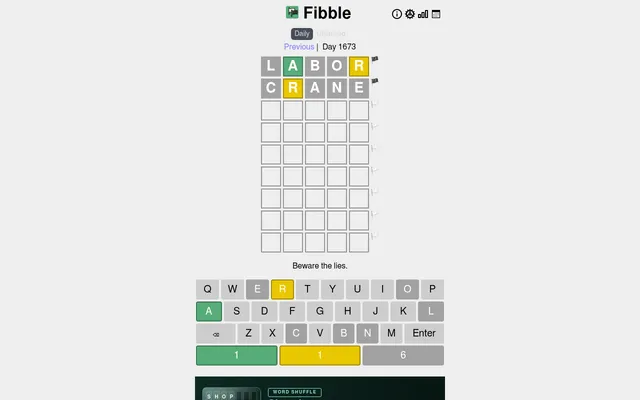 Fibble Day 1673 on a desktop: the given first guess LABOR and a second guess CRANE in green, yellow and grey, seven empty rows with lie flags, and the keyboard