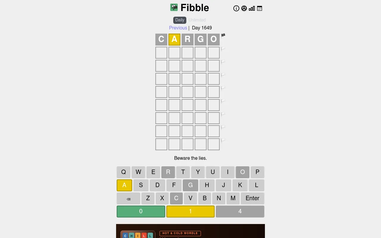 Fibble's Day 1649 board: nine empty rows under a first guess, CARGO, with a flag beside each row to mark the lie