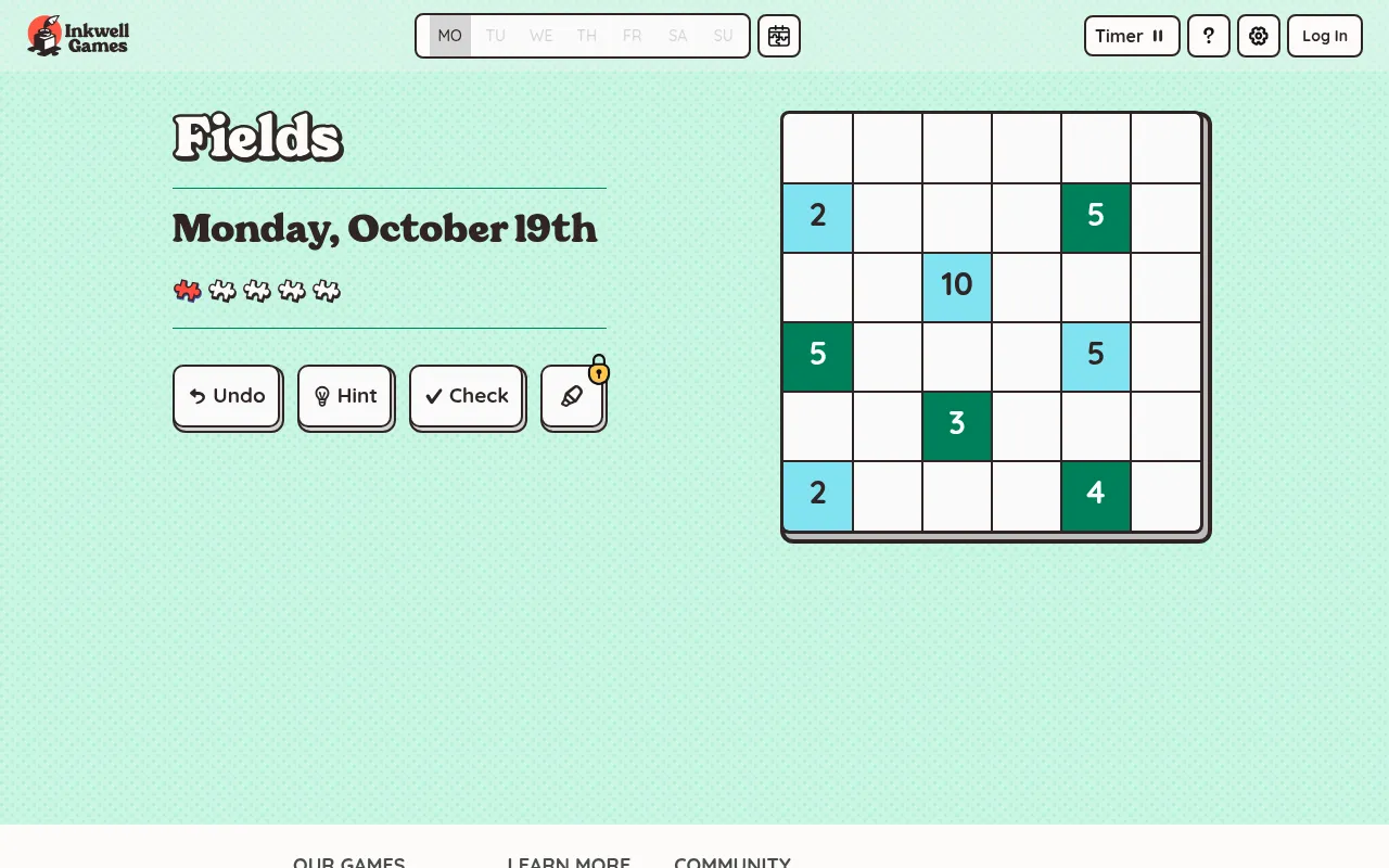 Fields puzzle for Monday, October 19th on Inkwell Games: a six by six grid with blue and green numbered cells (2, 5, 10, 3, 4) beside the Undo, Hint and Check buttons