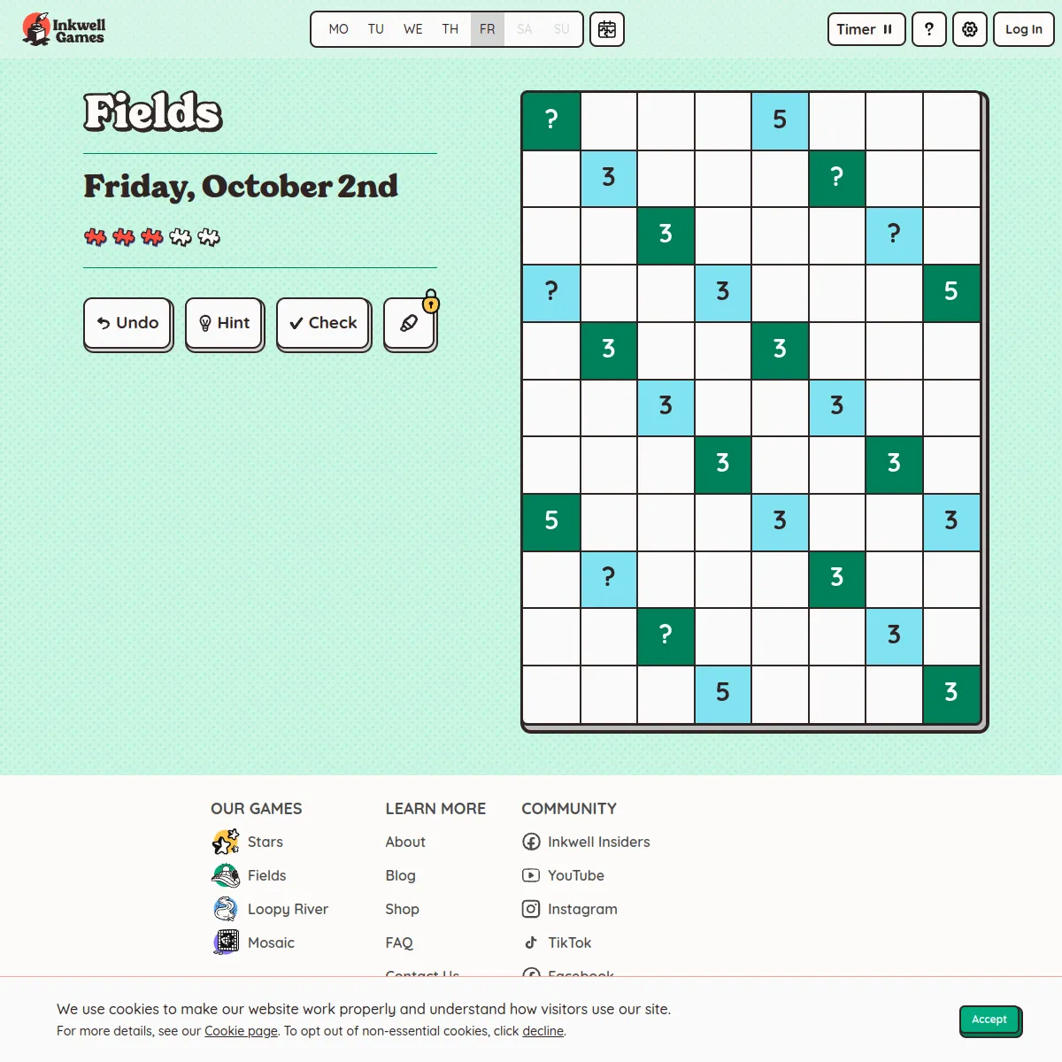 Fields puzzle for Friday, October 2nd: an 8 by 11 grid with blue and green numbered cells and question marks
