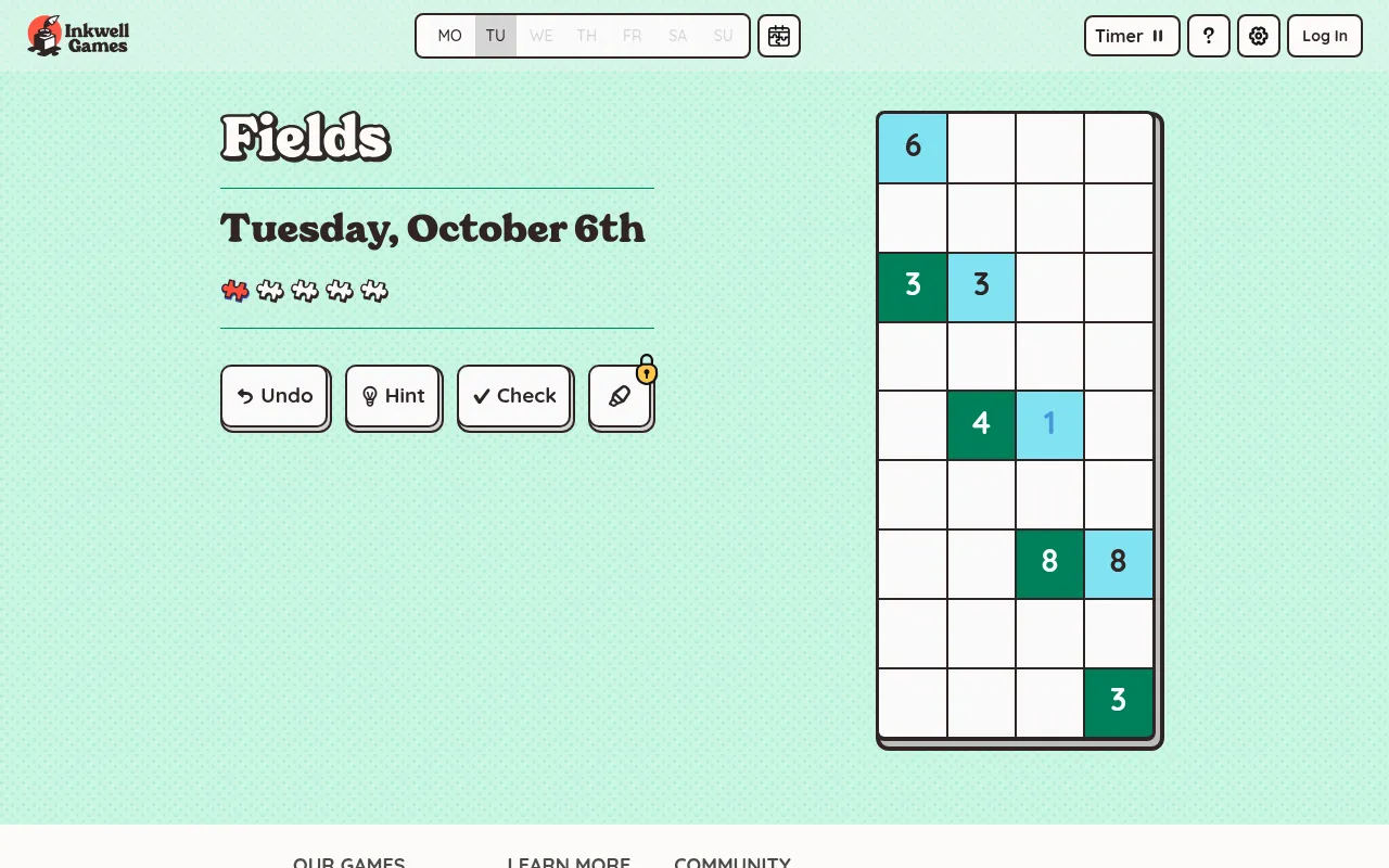 Fields puzzle for Tuesday, October 6th on Inkwell Games: a four by nine grid with blue and green numbered cells, beside the Undo, Hint and Check buttons and the weekday selector