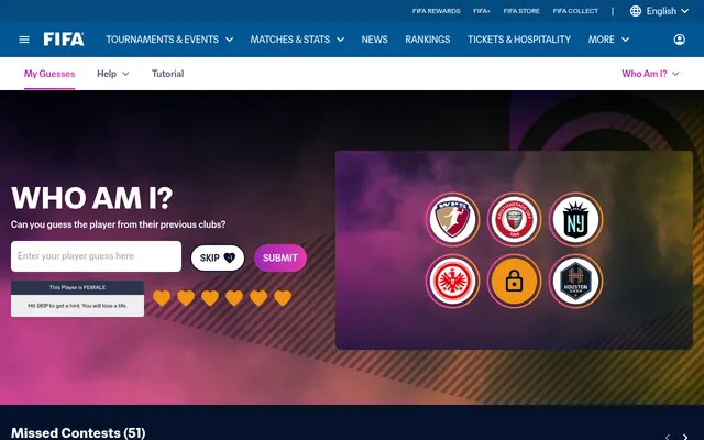 FIFA Who Am I?: the guess box, SKIP and SUBMIT buttons, six hearts and the note 'This Player is FEMALE' beside six club badges, among them Kristianstads DFF, Gotham FC, Eintracht Frankfurt and Houston