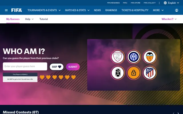 FIFA Who Am I? on 19 October 2026: guess box, SKIP and SUBMIT, six hearts, 'This Player is FEMALE', and badges of Madrid CFF, Inter, Valencia, Levante Badalona, Atletico Madrid and a locked club