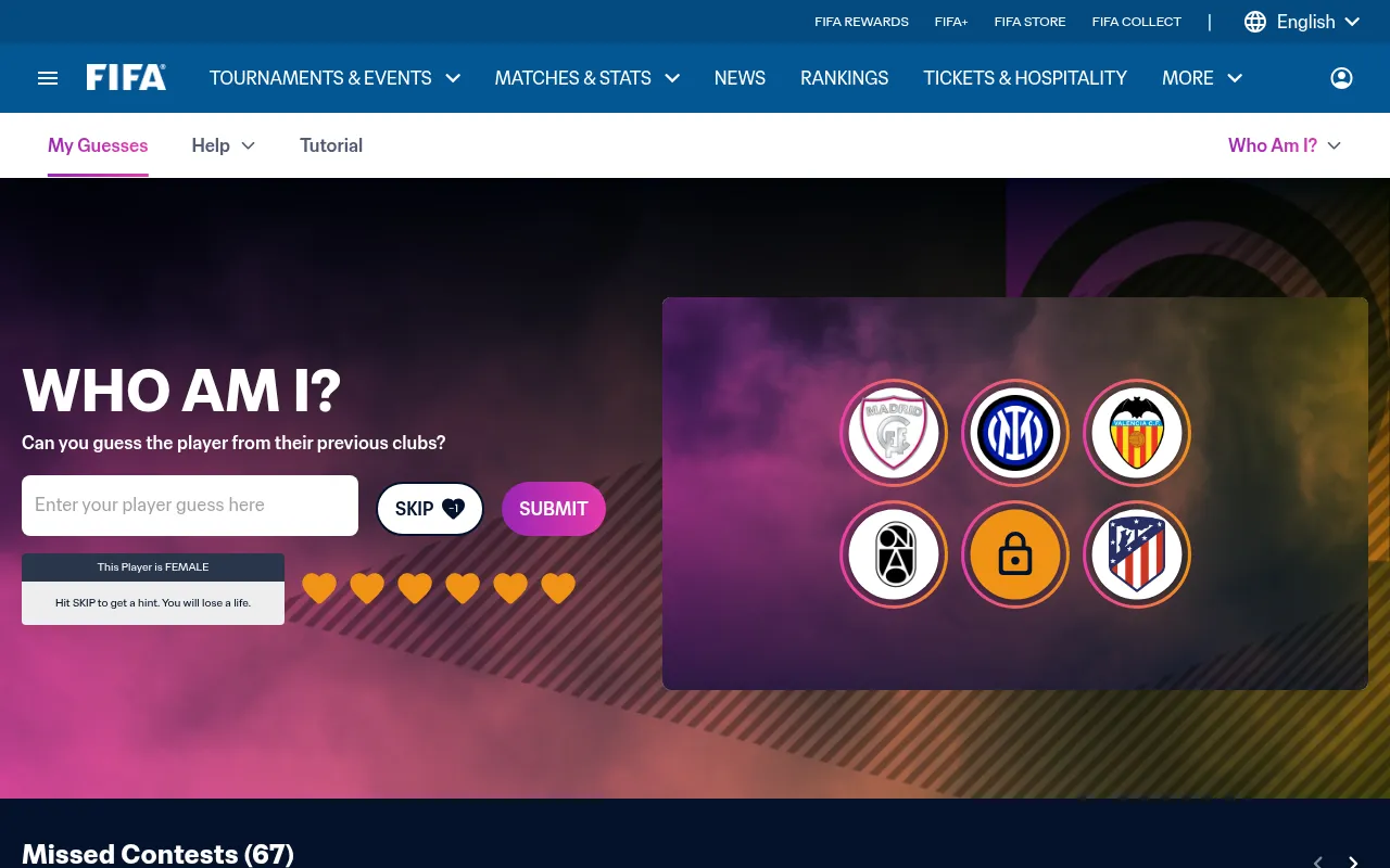 FIFA Who Am I? on 19 October 2026: guess box, SKIP and SUBMIT, six hearts, 'This Player is FEMALE', and badges of Madrid CFF, Inter, Valencia, Levante Badalona, Atletico Madrid and a locked club