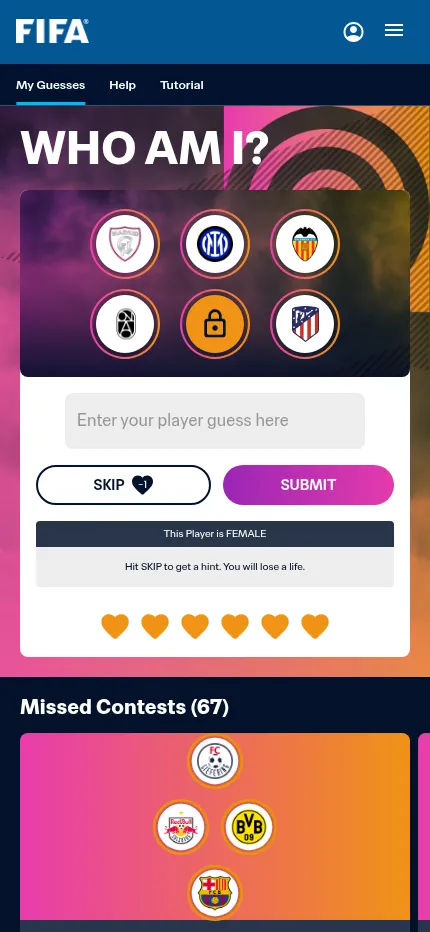 FIFA Who Am I? at phone size: the day's six club badges above the guess box, SKIP and SUBMIT buttons and six hearts, with Missed Contests below