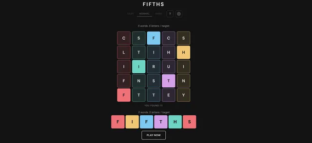 A solved Fifths board on Normal: five columns of letters, one coloured letter picked from each, spelling FIFTHS below