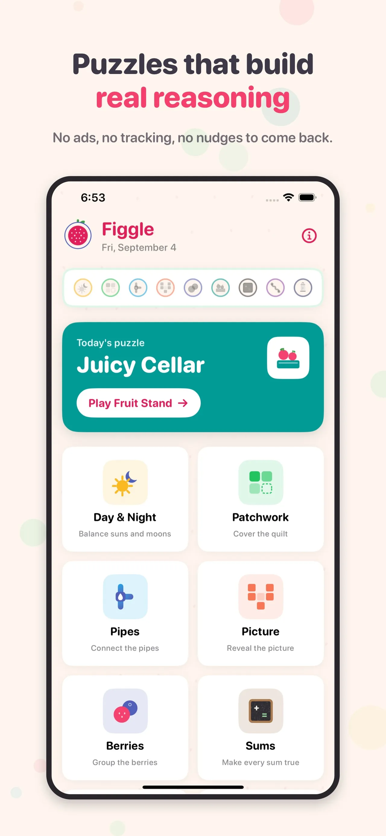 Figgle's home screen for Fri, September 4: today's puzzle Juicy Cellar above tiles for Day & Night, Patchwork, Pipes, Picture, Berries and Sums