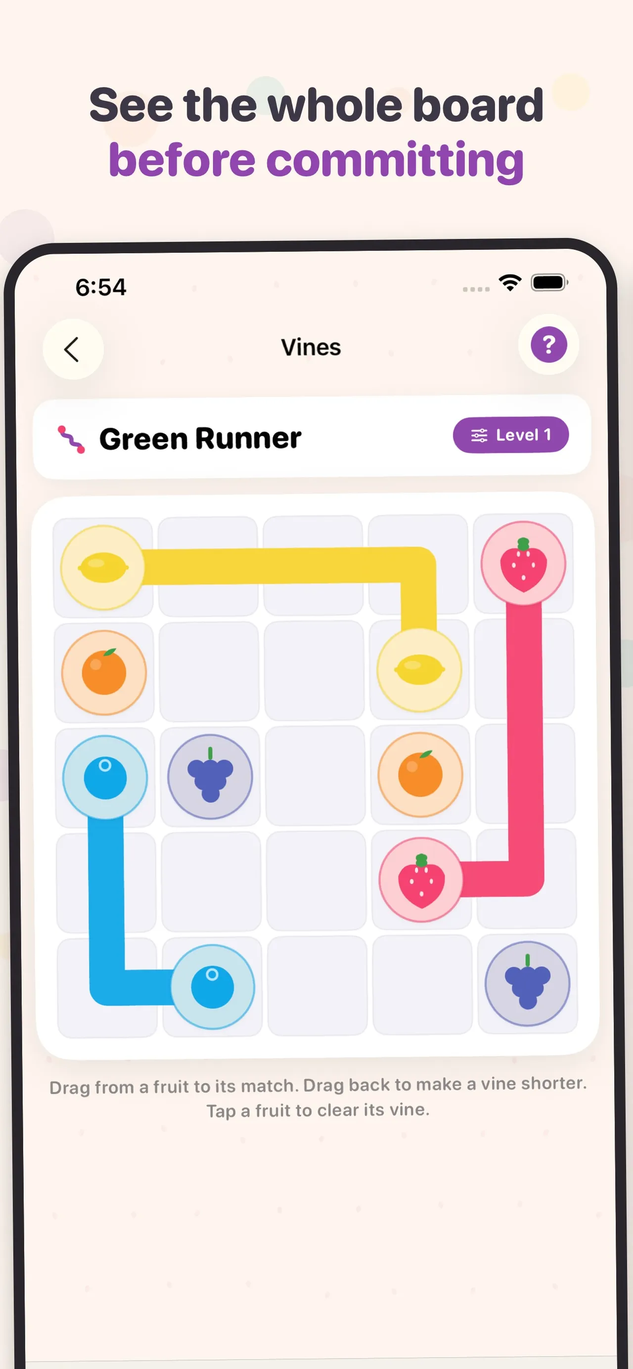 A Figgle Vines board: coloured lines joining matching fruits across the grid