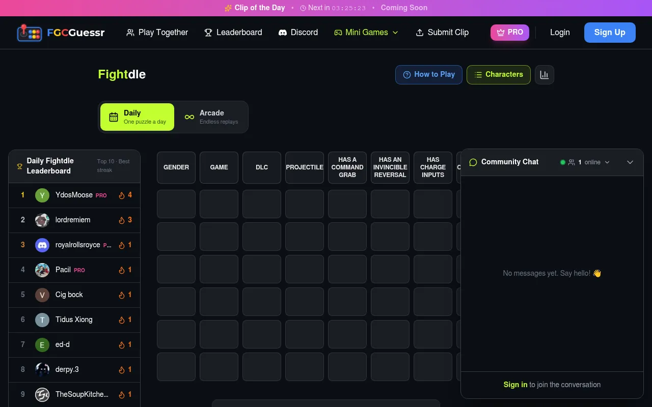 Fightdle on FGC Guessr: the Daily tab selected above an empty board with columns for gender, game, DLC, projectile, command grab, invincible reversal and charge inputs, beside the Daily Fightdle leade