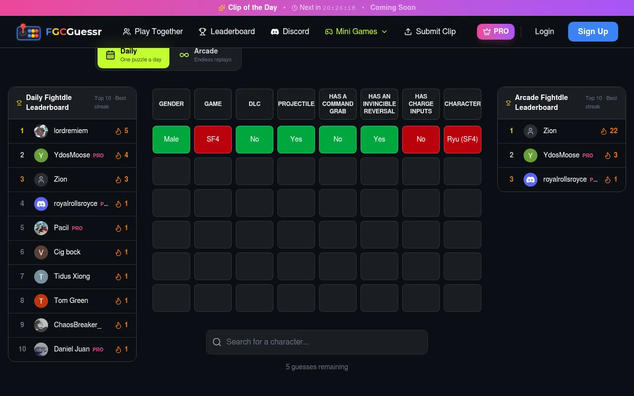 Fightdle on FGC Guessr: today's board after one guess, Ryu (SF4), with green and red cells for gender, game, DLC and moveset columns, between the Daily and Arcade leaderboards