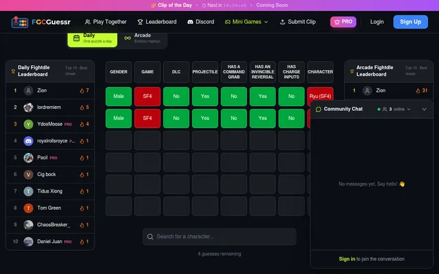 Fightdle on FGC Guessr, today's Daily board after two guesses, Ryu (SF4) first, each row with green and red cells for gender, game, DLC and moveset columns