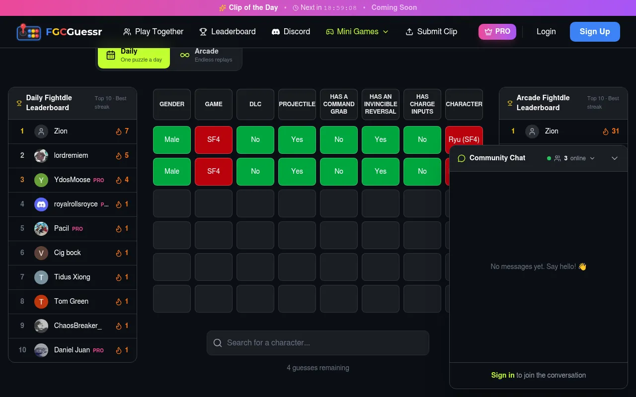 Fightdle on FGC Guessr, today's Daily board after two guesses, Ryu (SF4) first, each row with green and red cells for gender, game, DLC and moveset columns