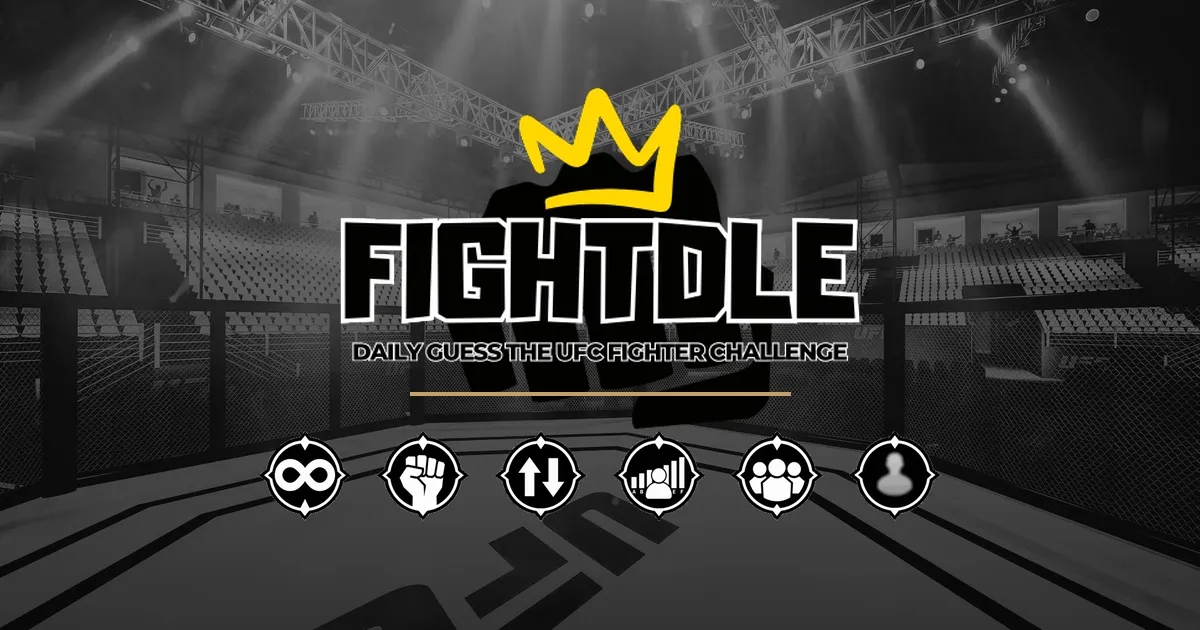 The Fightdle logo, a crowned fist over the words Daily Guess the UFC Fighter Challenge, above the game's six mode icons in a dim octagon arena
