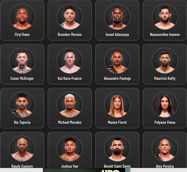 The Fightdle Connections board: sixteen UFC fighters in a four by four grid, including Conor McGregor, Israel Adesanya, Ilia Topuria and Alex Pereira