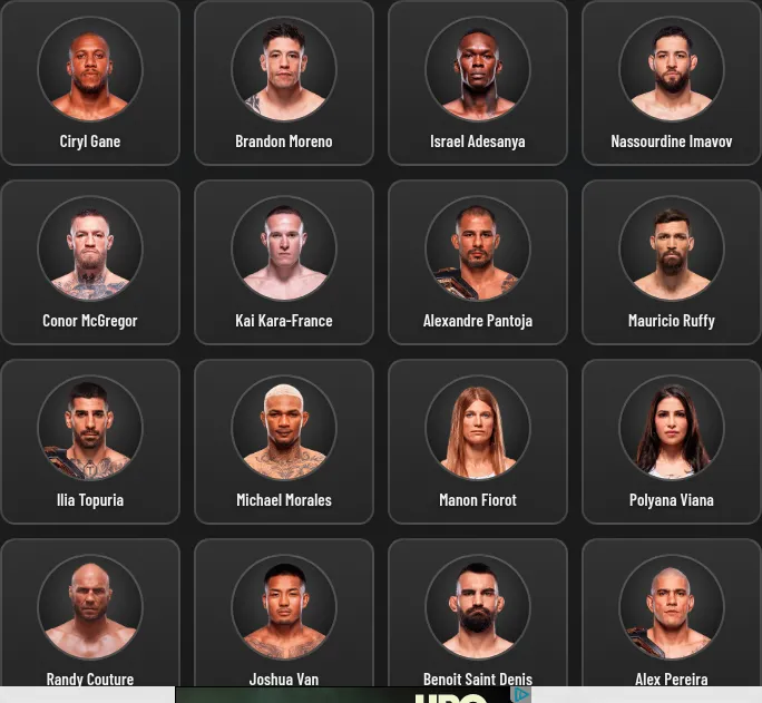 The Fightdle Connections board: sixteen UFC fighters in a four by four grid, including Conor McGregor, Israel Adesanya, Ilia Topuria and Alex Pereira