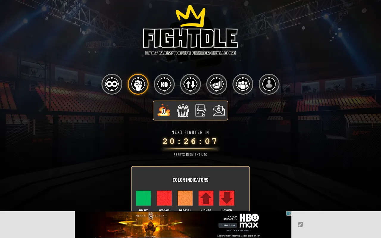 The Fightdle Classic page: the mode icons, a countdown to the next fighter that resets at midnight UTC, and the colour key for right, wrong, partial, higher and lower