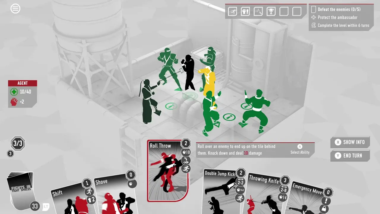 A fight in a white industrial room: the agent among green-clad enemies, with Roll Throw, Shove and other cards in hand