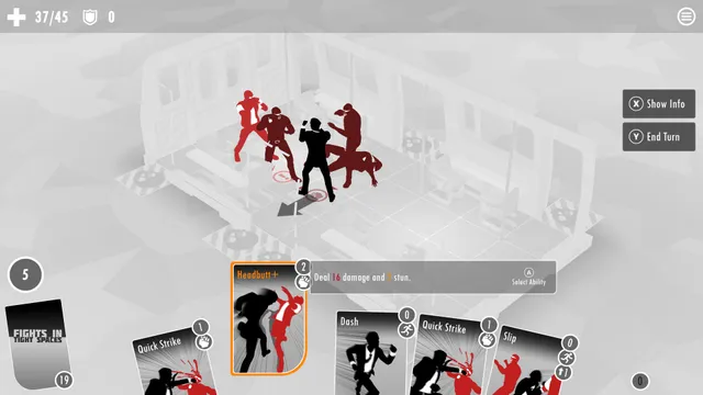 A fight inside a train carriage: the agent in black surrounded by red enemies on a grid, with Headbutt, Quick Strike, Dash and Slip cards in hand