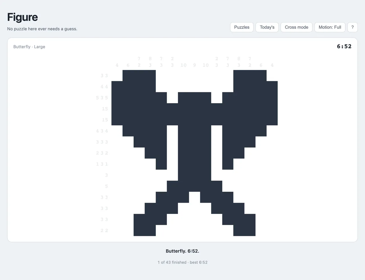 Figure: the same 15 by 15 grid finished and named Butterfly in 6:52, the clues faded around a dark pixel butterfly