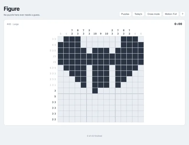 Figure puzzle #40 Large: a 15 by 15 nonogram with run clues along the top and left side, the upper half of the grid filled in dark squares and the timer at 0:00