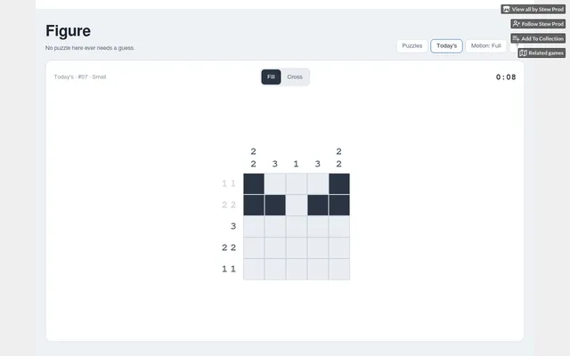 Figure's daily puzzle #07 on 30 October 2026: a 5x5 nonogram with its run clues, the top two rows filled in and their clues greyed out as done