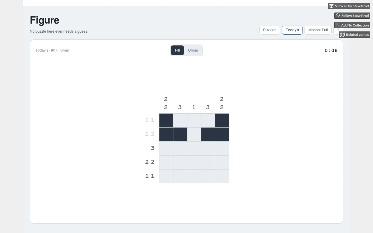 Figure's daily puzzle #07 on 30 October 2026: a 5x5 nonogram with its run clues, the top two rows filled in and their clues greyed out as done