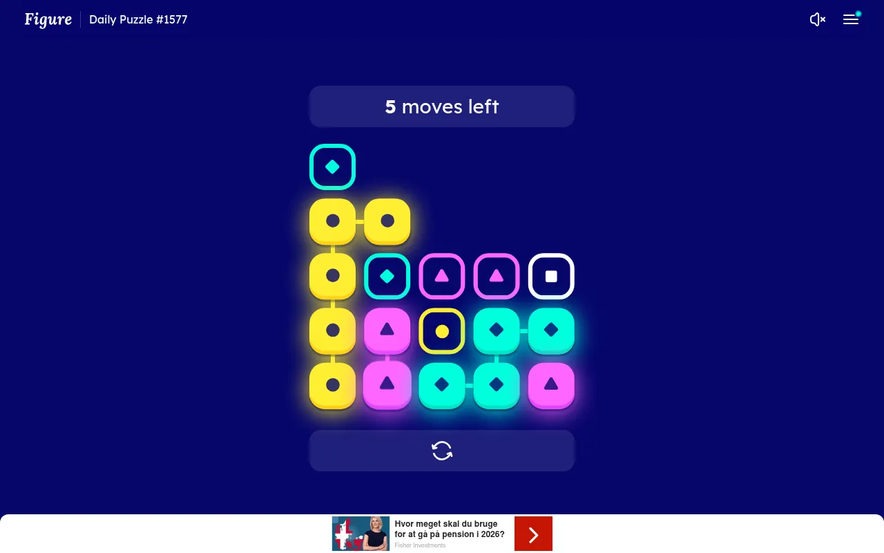 Figure #1577 three moves in: cleared tiles have dropped, new same-coloured groups glow in the bottom row and 5 moves are left