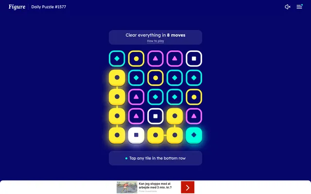 Figure Daily Puzzle #1577: a five by five grid of yellow, cyan, pink and white tiles with symbols, under the line Clear everything in 8 moves