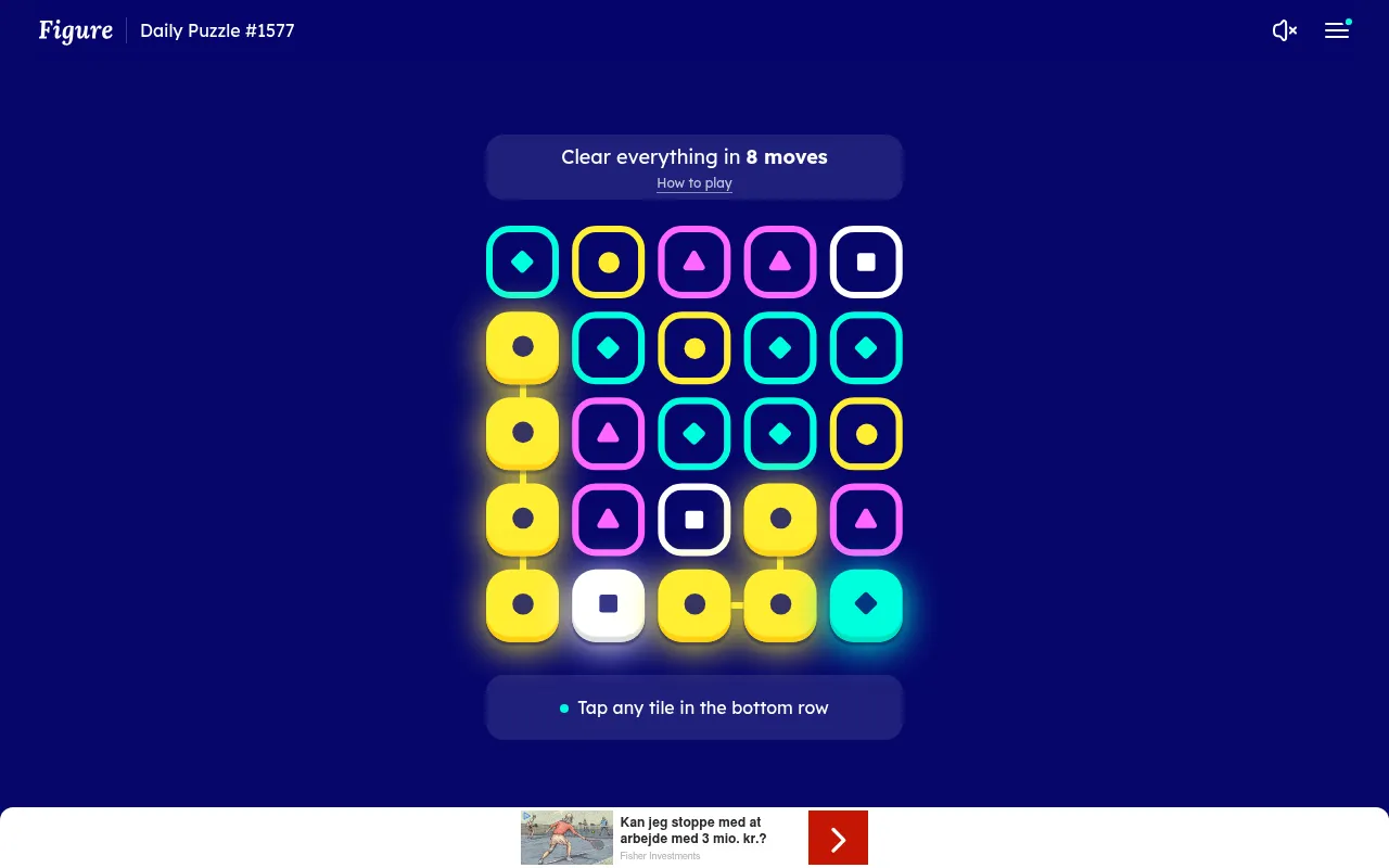 Figure Daily Puzzle #1577: a five by five grid of yellow, cyan, pink and white tiles with symbols, under the line Clear everything in 8 moves