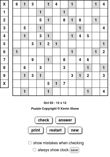 BrainBashers Fillomino for 3 October, 12x12: a grid with scattered given numbers and a number picker column on the left