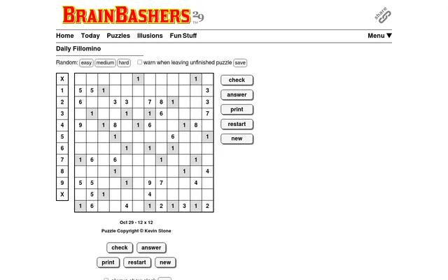 BrainBashers Fillomino for 29 October 2026, 12x12 Easy: given numbers with the 1s shaded, a number picker column on the left and check, answer, print, restart and new buttons