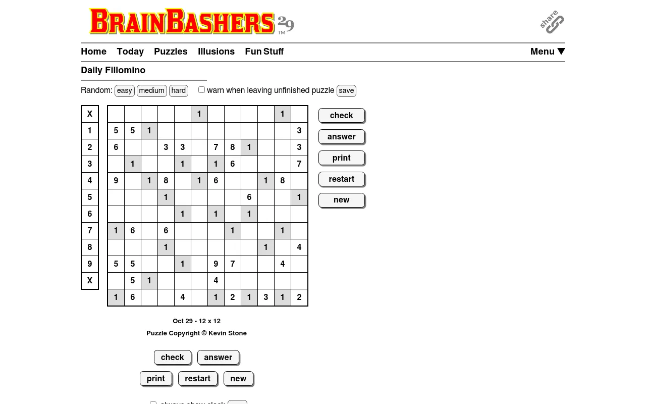 BrainBashers Fillomino for 29 October 2026, 12x12 Easy: given numbers with the 1s shaded, a number picker column on the left and check, answer, print, restart and new buttons