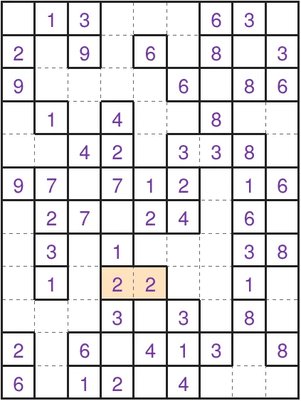 The Mixed Fillomino grid of 28 October 2026 on PuzzleMadness, a 9x12 board of its own with given numbers from 1 to 9