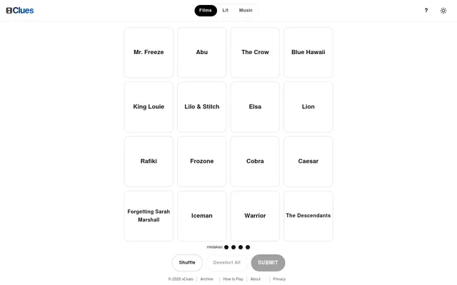Today's Filmclues board on 21 October 2026: sixteen film tiles such as Mr. Freeze, Abu, The Crow and Blue Hawaii in a four by four grid, with four mistakes left and Shuffle and Submit buttons