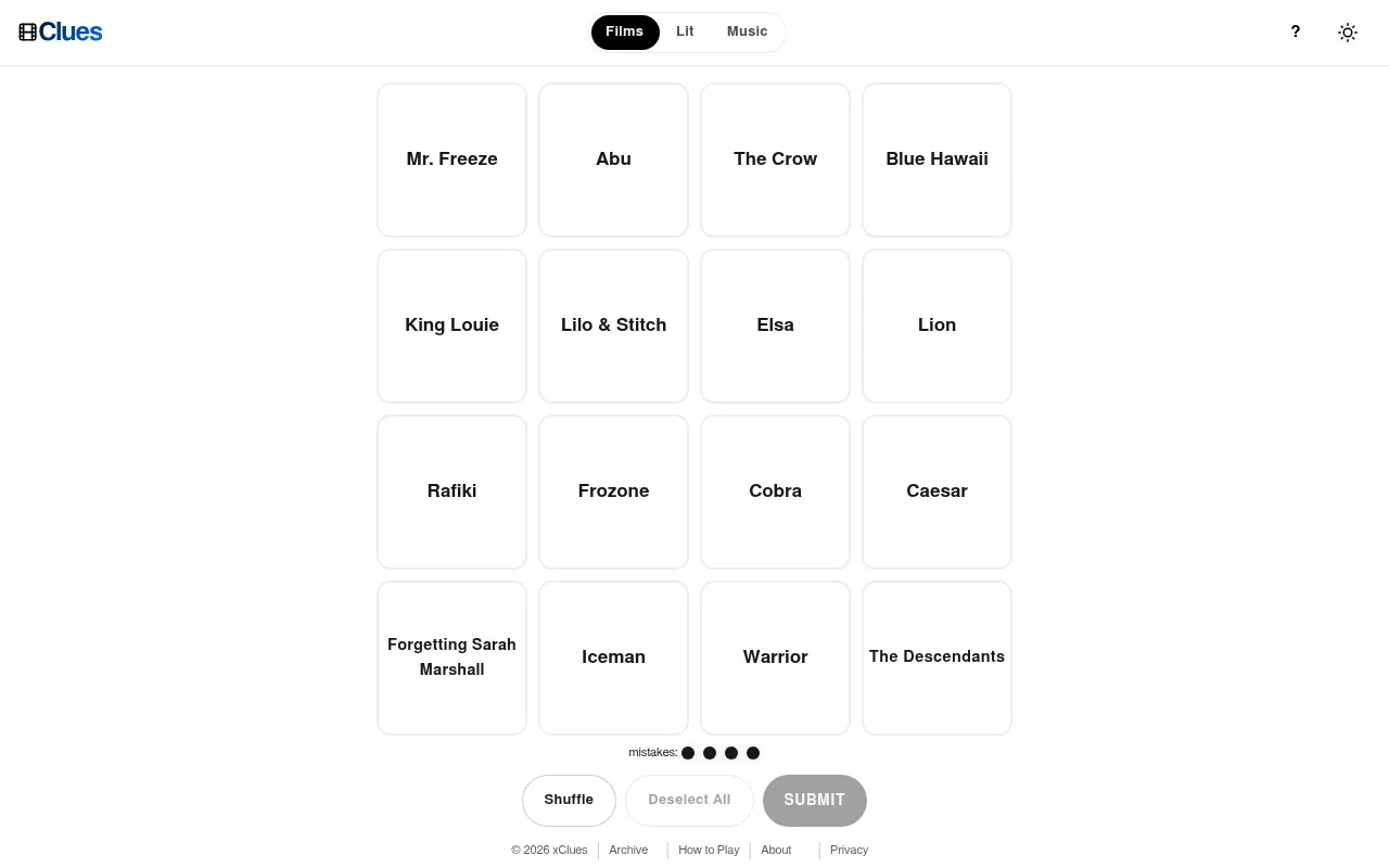 Today's Filmclues board on 21 October 2026: sixteen film tiles such as Mr. Freeze, Abu, The Crow and Blue Hawaii in a four by four grid, with four mistakes left and Shuffle and Submit buttons