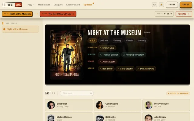FilmLink board for 19 Oct 2026 on desktop: start film Night at the Museum with its director, writers, composer and cast to click, target The Devil Wears Prada