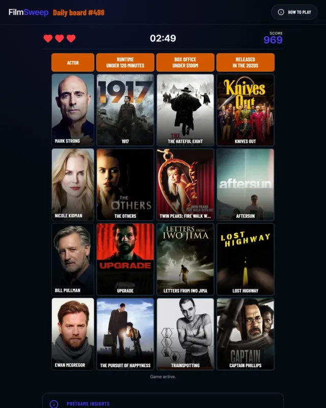 FilmSweep daily board #498 in play: four actor rows such as Mark Strong and Nicole Kidman against columns for runtime, box office and release decade, with film tiles, timer and three lives
