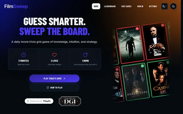 FilmSweep home: a daily movie trivia grid game with 3 minutes, 3 lives and 1 bomb, beside a board of film posters marked right in green and wrong in red
