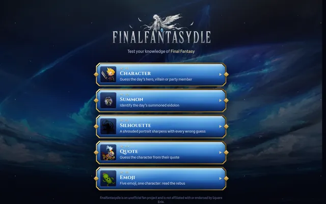 finalfantasydle home: the FINALFANTASYDLE title over a night sky and five mode buttons, Character, Summon, Silhouette, Quote and Emoji, each with a small character icon